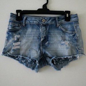 Cut-off, acid-wash jean shorts